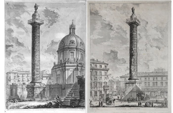 Coppia di vedute di Roma con la la Colonna Traiana e la Colonna Antonina